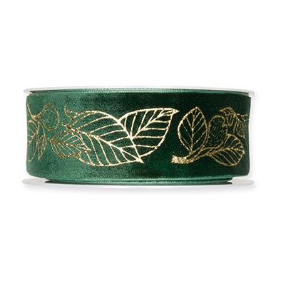 Samt-Druckband Blätter 32 fir green/gold 38 mm 6 Meter