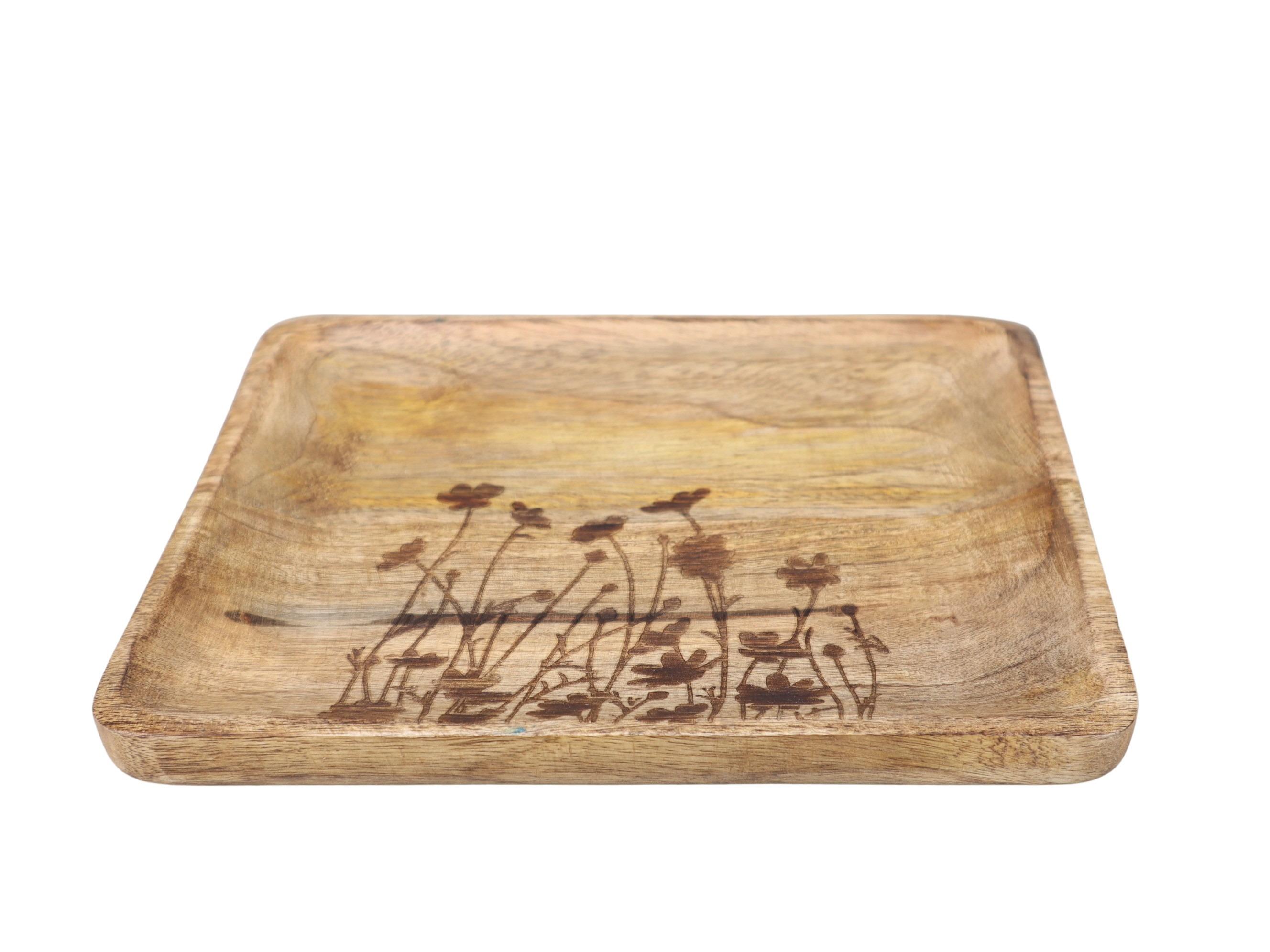 Tablett m. Blumenmuster Holz natur 25x24cm