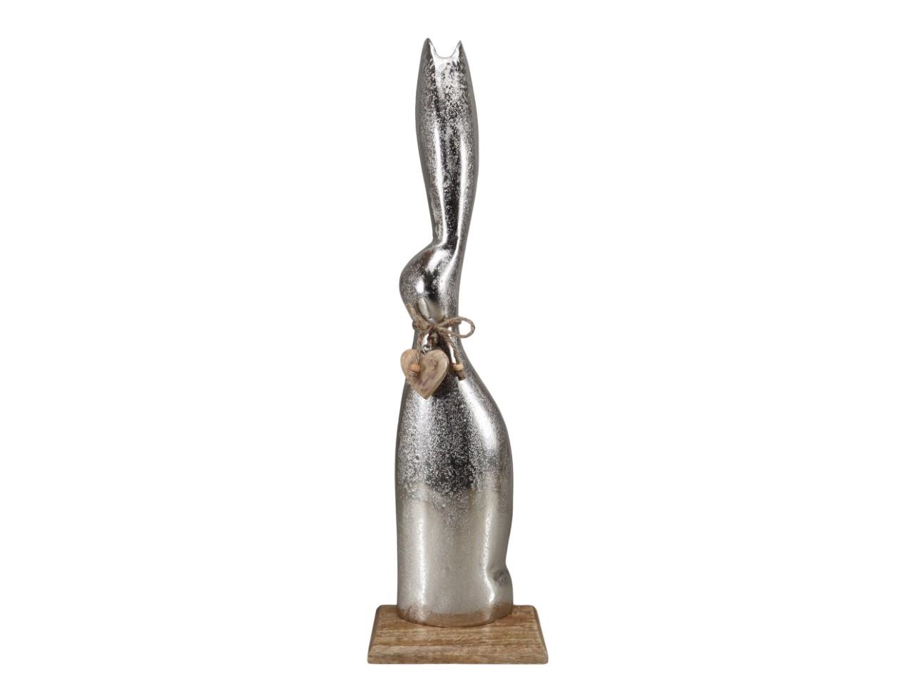 Hase stehend Aluminium silber auf Holzplatte H60cm