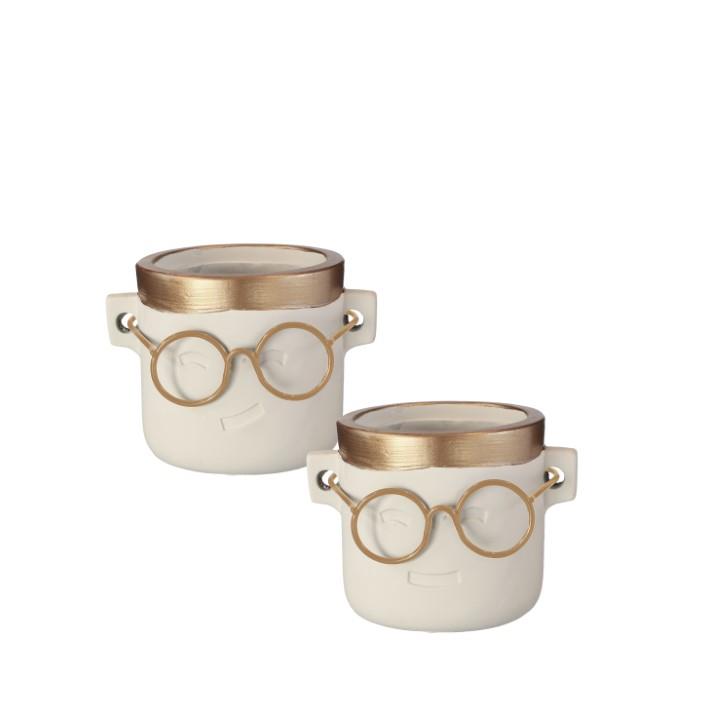 Übertopf Harry m. Brille Beton natur-gold Ø7,5 H7cm