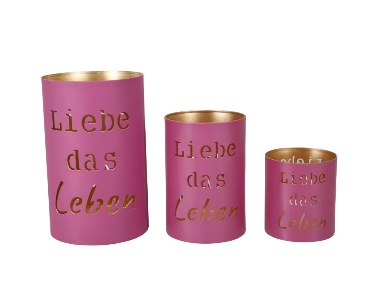 Windlicht Metall Liebe das Leben pink Set/3