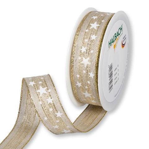 Leinen-Druckband Sterne 25 mm 15 Meter natur-gold 311