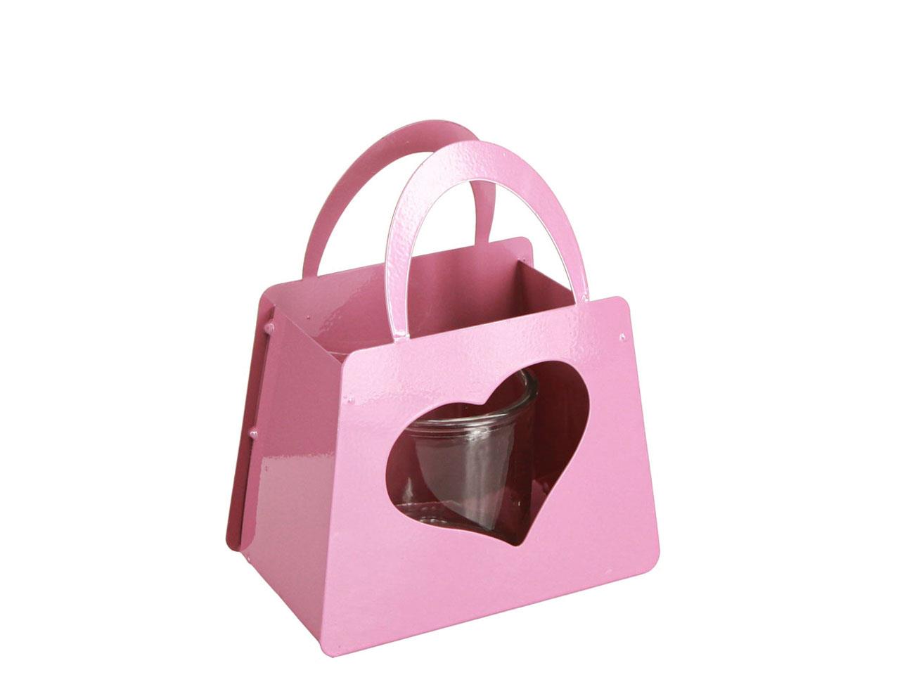 Tasche m. Herz und Glaswindlicht Metall rosa L21xH25,5cm