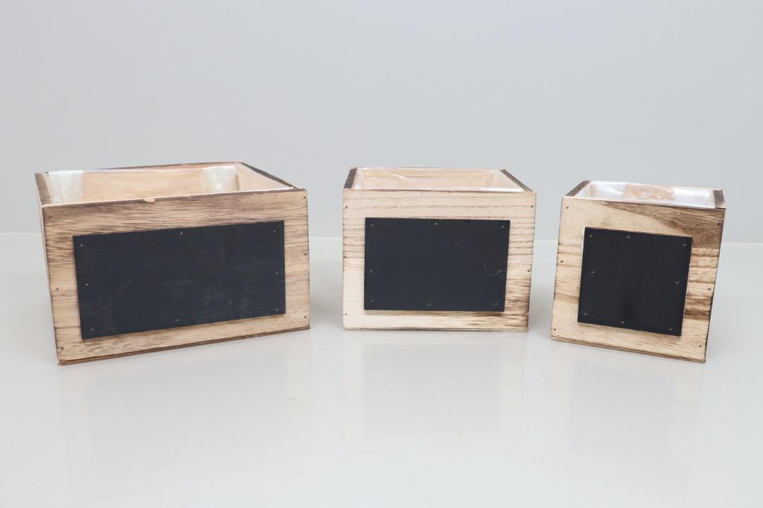 Pflanzkasten quadratisch Set/3 Holz natur/schwarz 20/16/12cm