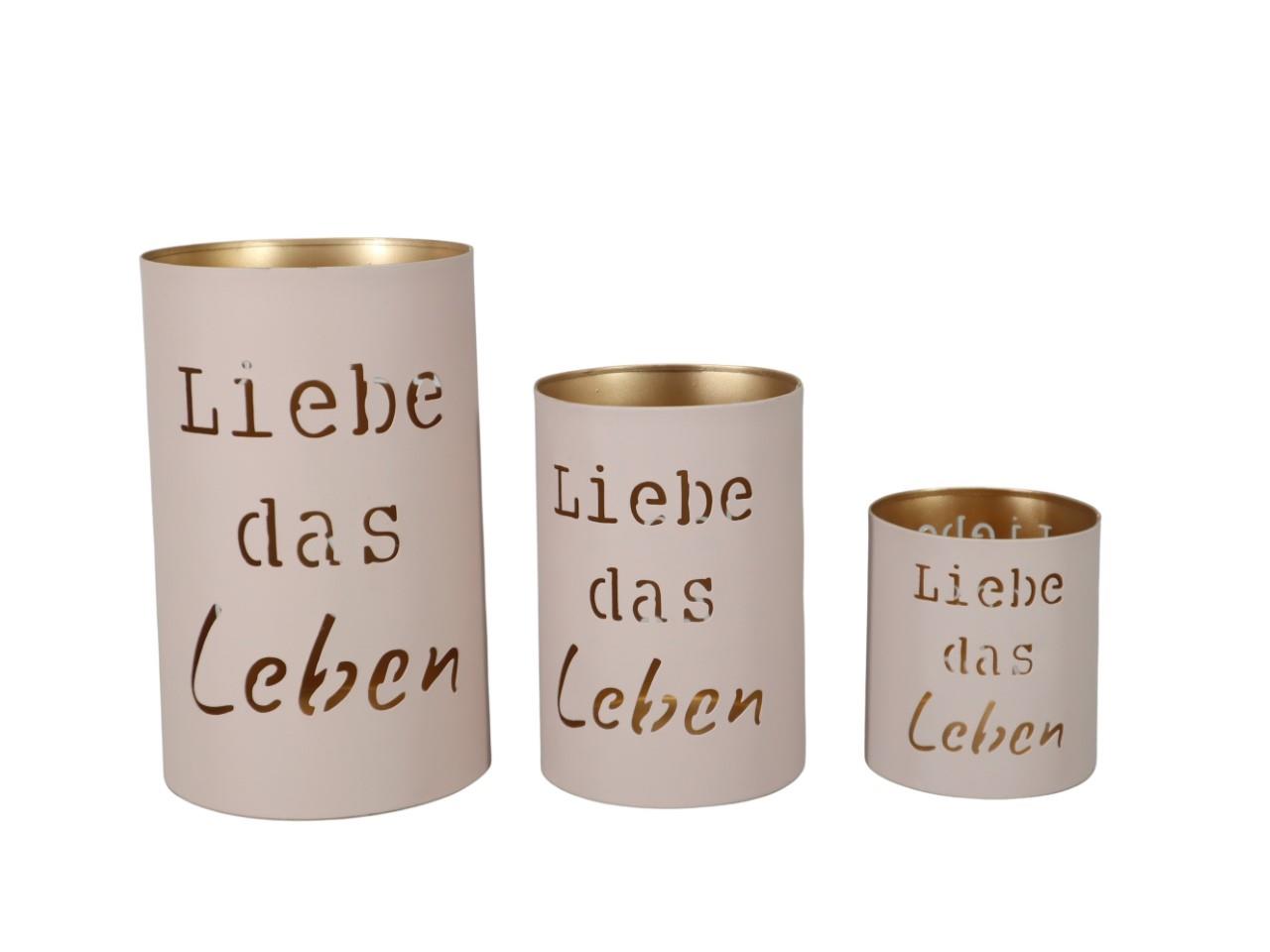 Windlicht Metall Liebe das Leben taupe Set/3