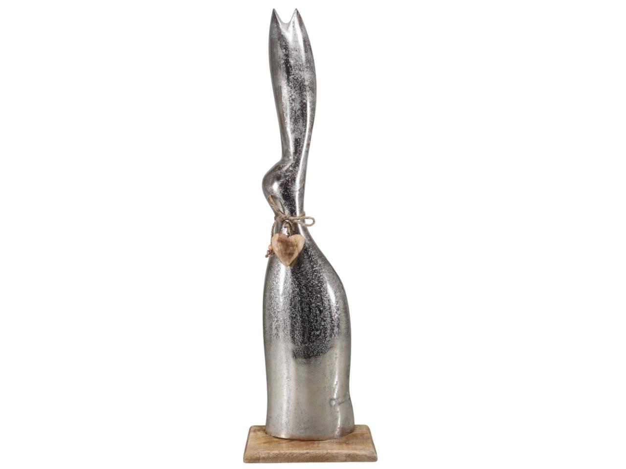 Hase stehend Aluminium silber auf Holzplatte H70cm