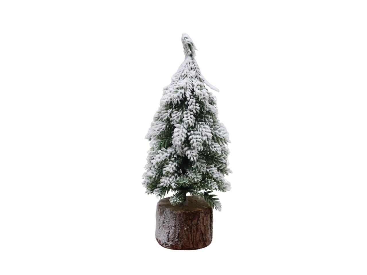 Tannenbaum auf Holz beflockt Kunststoff grün/weiß H19cm