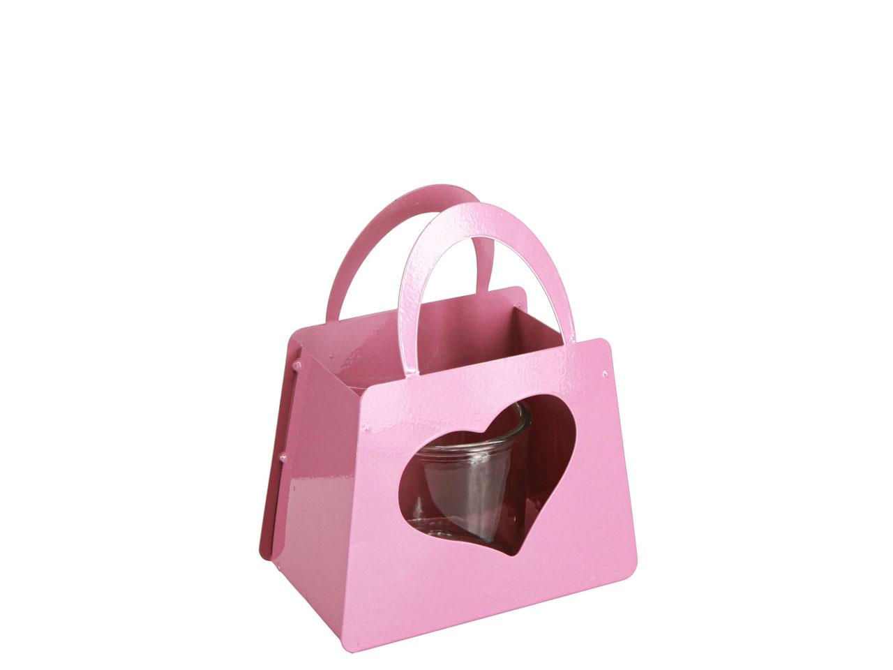 Tasche m. Herz und Glaswindlicht Metall rosa L14,5xH18,5cm